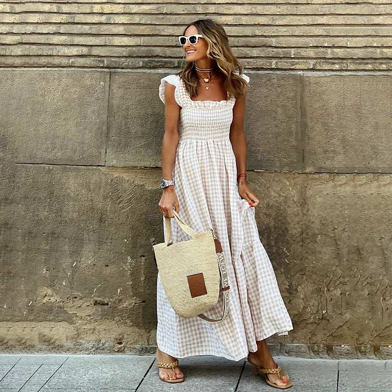 Damer Luftigt Maxiklänning med Vichy-rutig och Off-Shoulder Volanger Mirla-Eva Jonsson