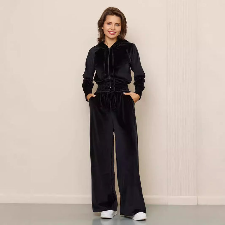 Damer Lyxigt Velour Lounge Set med Huva och Elastisk Midja Mirla-Eva Jonsson