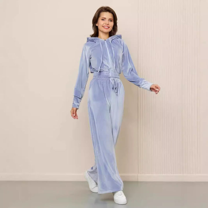 Damer Lyxigt Velour Lounge Set med Huva och Elastisk Midja Mirla-Eva Jonsson