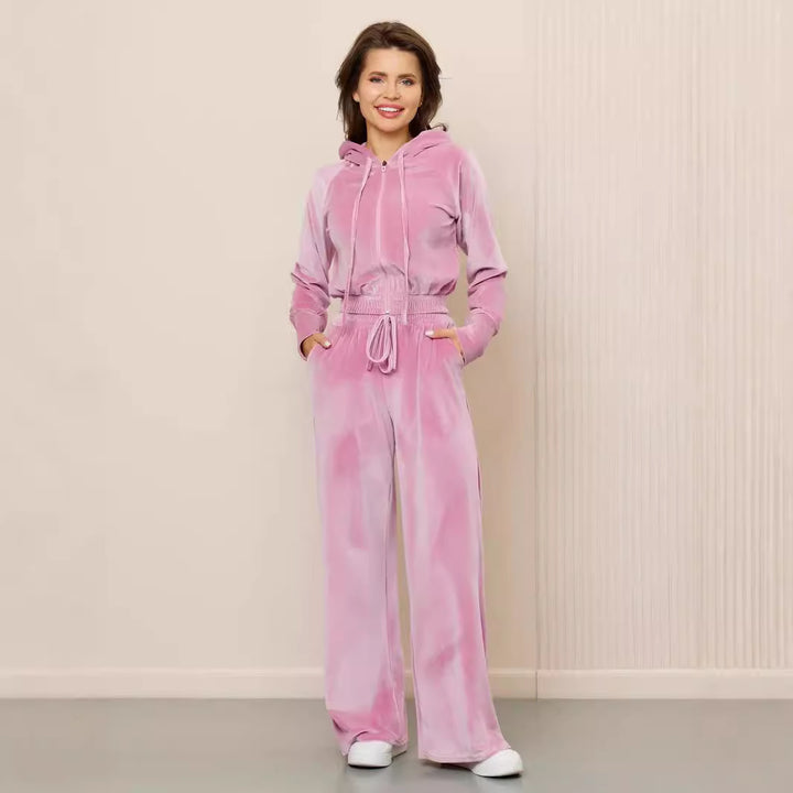 Damer Lyxigt Velour Lounge Set med Huva och Elastisk Midja Mirla-Eva Jonsson