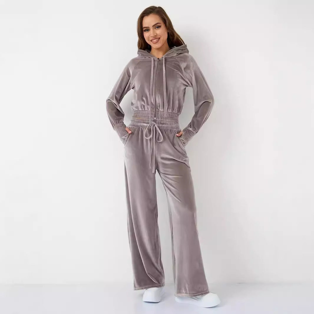 Damer Lyxigt Velour Lounge Set med Huva och Elastisk Midja Mirla-Eva Jonsson