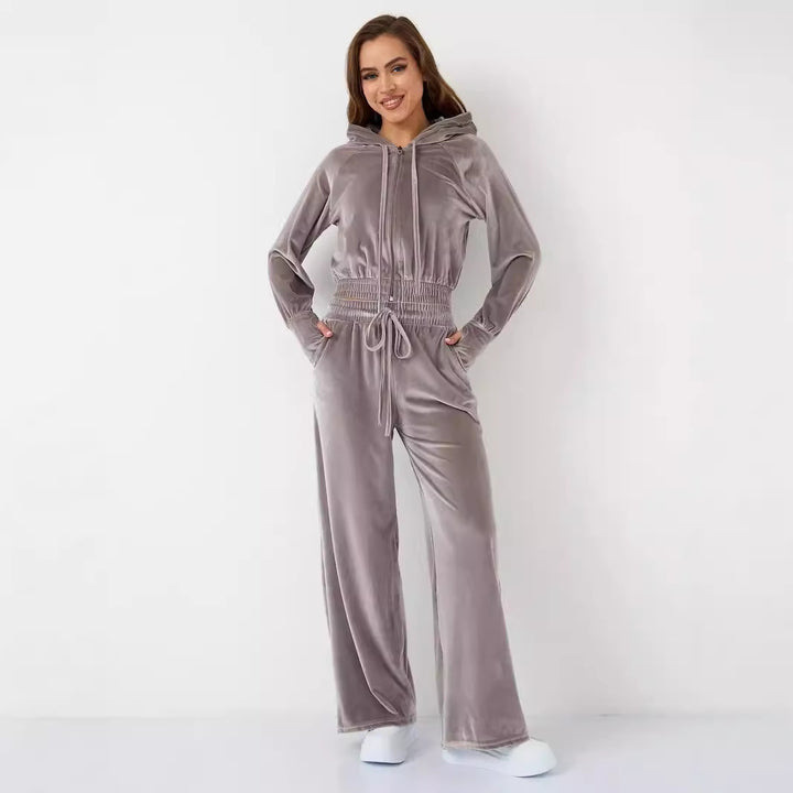 Damer Lyxigt Velour Lounge Set med Huva och Elastisk Midja Mirla-Eva Jonsson