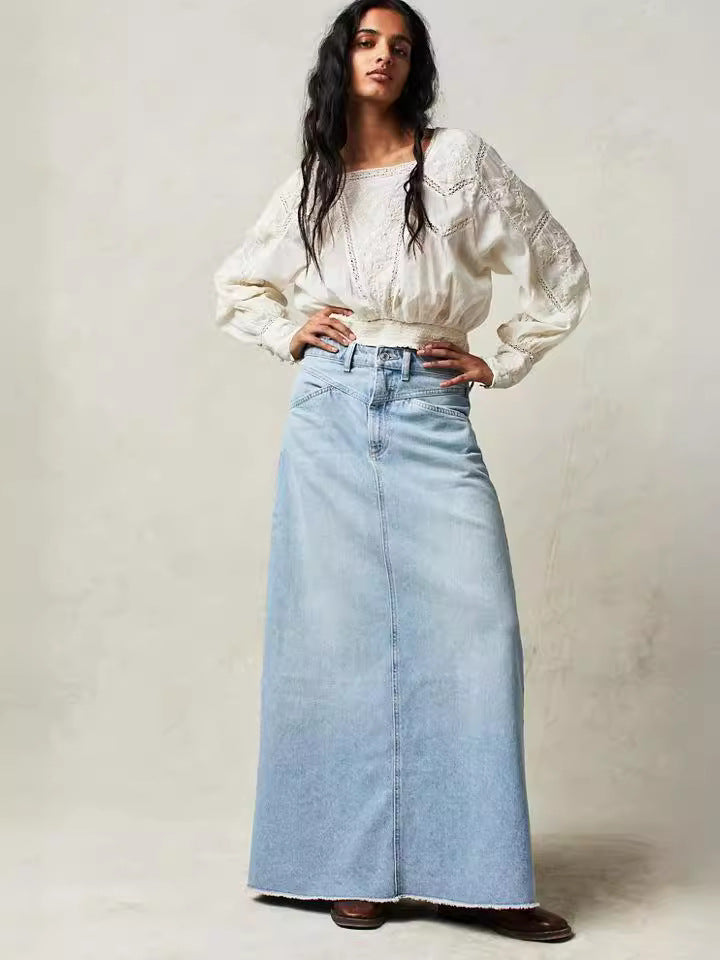 Damer Maxikjol I Denim med Hög Midja och Praktiska Fickor Mirla-Eva Jonsson