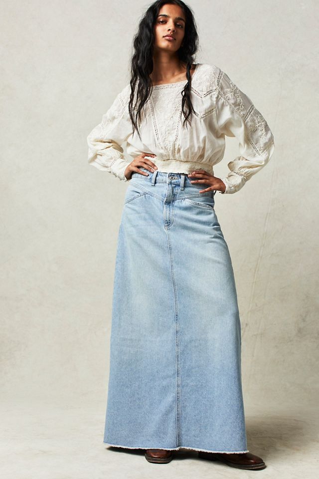 Damer Maxikjol I Denim med Hög Midja och Praktiska Fickor Mirla-Eva Jonsson