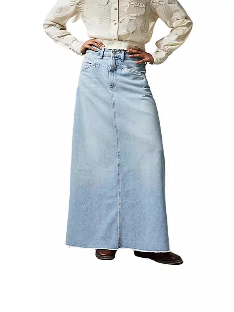 Damer Maxikjol I Denim med Hög Midja och Praktiska Fickor Mirla-Eva Jonsson