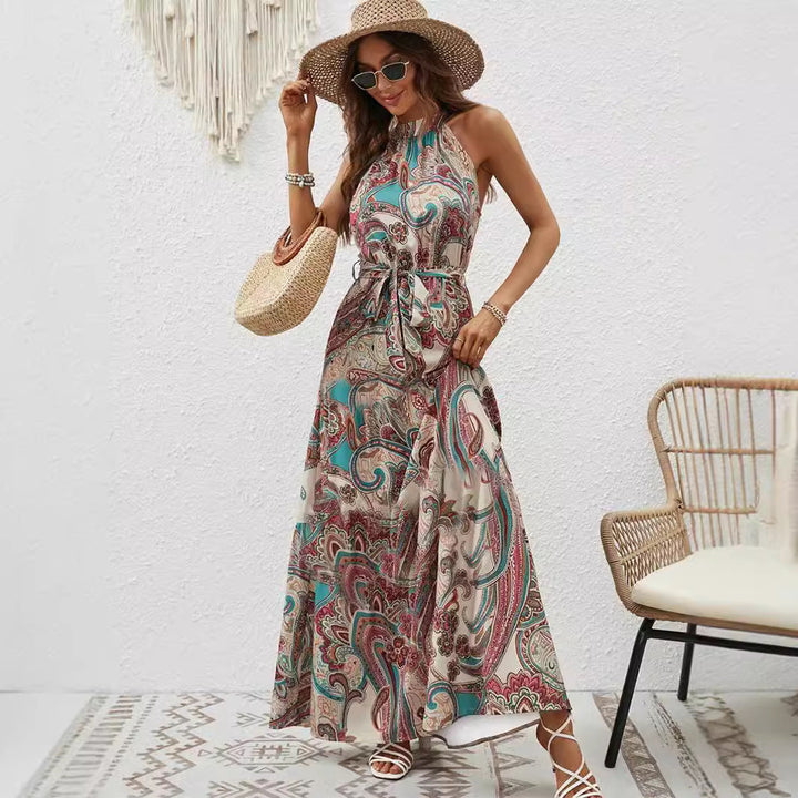 Damer Maxiklänning i boho-stil med hög krage och knytbälte Mirla-Eva Jonsson