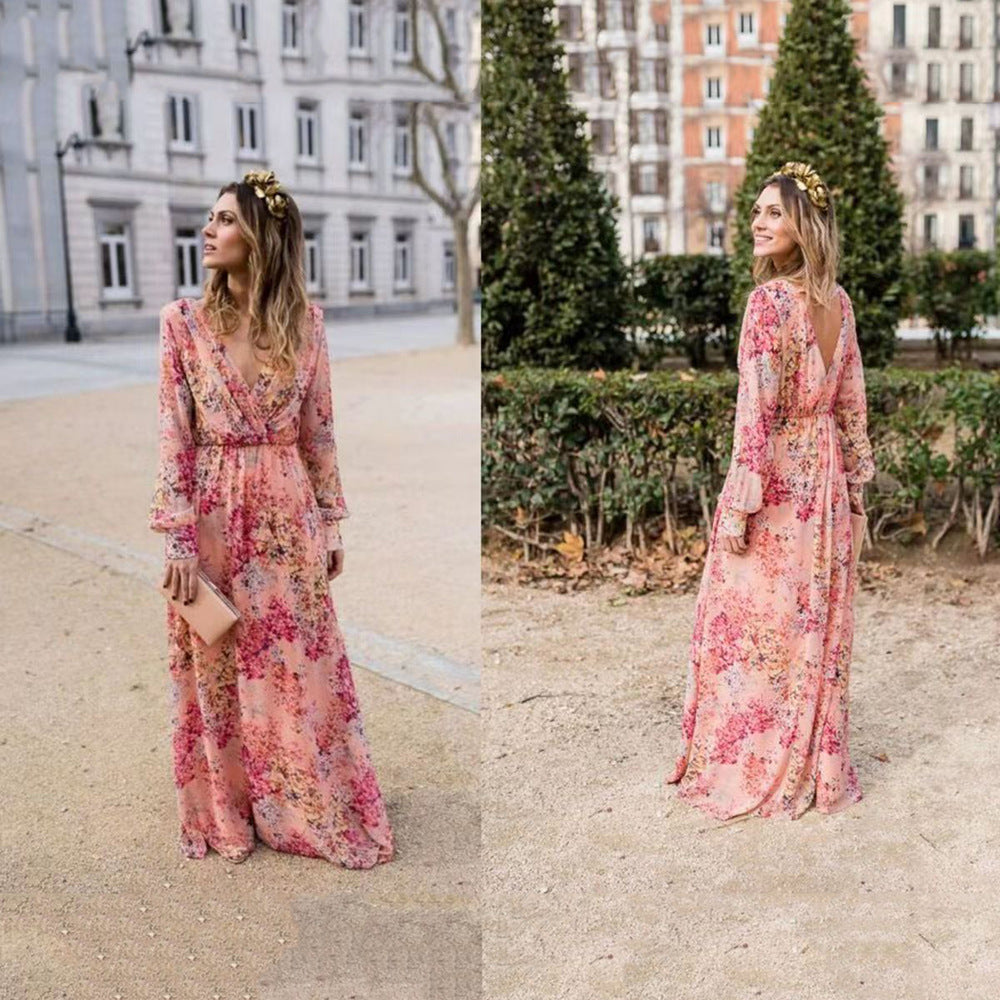 Damer Maxiklänning med Blommig Chiffonyt och Elegant Midjebetoning Mirla-Eva Jonsson