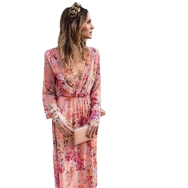 Damer Maxiklänning med Blommig Chiffonyt och Elegant Midjebetoning Mirla-Eva Jonsson
