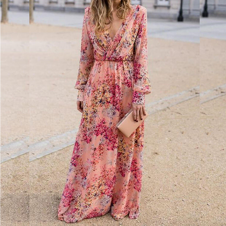 Damer Maxiklänning med Blommig Chiffonyt och Elegant Midjebetoning Mirla-Eva Jonsson