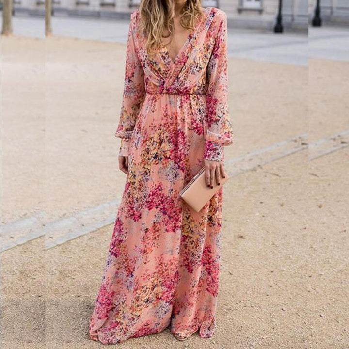 Damer Maxiklänning med Blommig Chiffonyt och Elegant Midjebetoning Mirla-Eva Jonsson