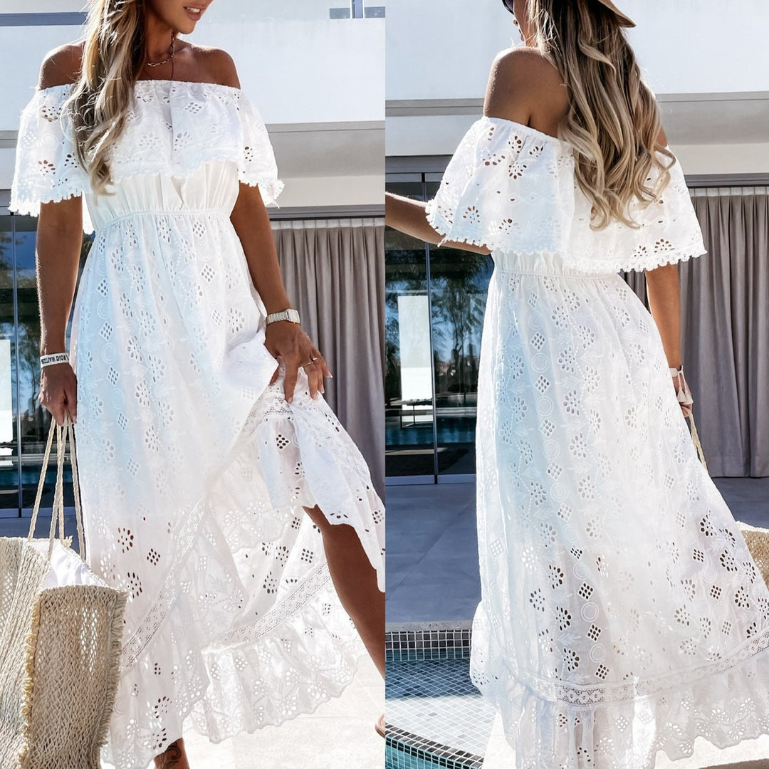 Damer Maxiklänning med Romantisk Broderie-Anglais och Off-Shoulder Design Mirla-Eva Jonsson