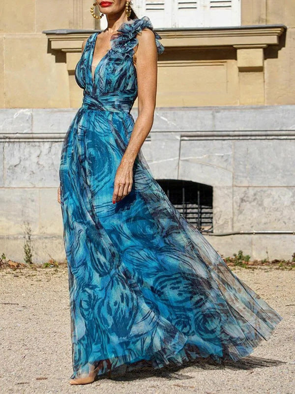Damer Maxiklänning med romantiska volangärmar och blomster genomskinligt tyg Mirla-Eva Jonsson