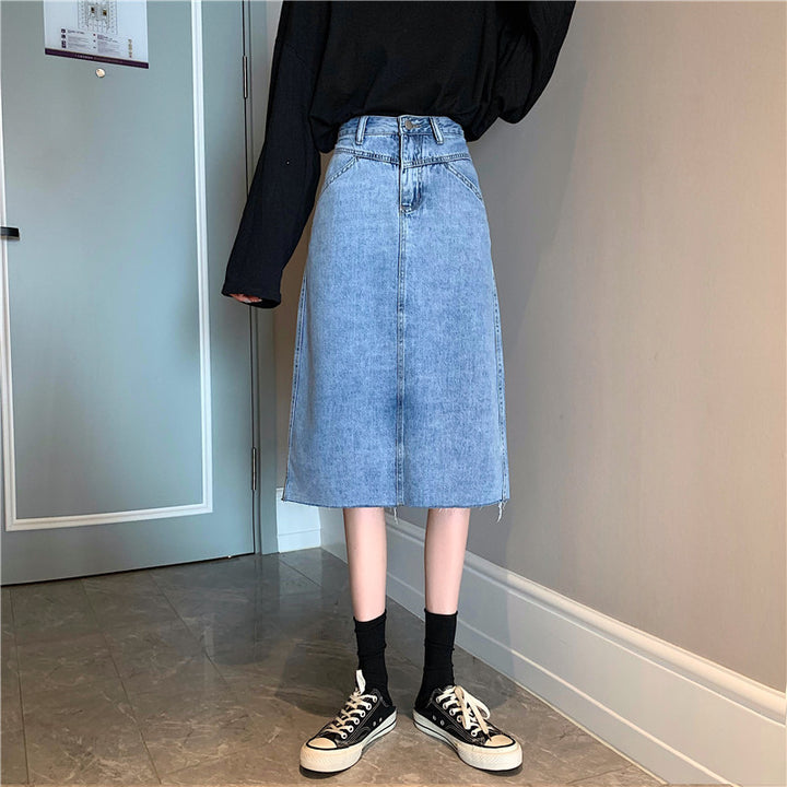 Damer Midi Denim Kjol med Oregelbunden Kants Mirla-Eva Jonsson