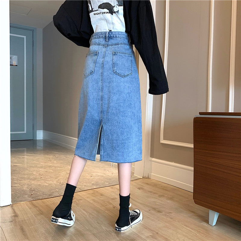 Damer Midi Denim Kjol med Oregelbunden Kants Mirla-Eva Jonsson