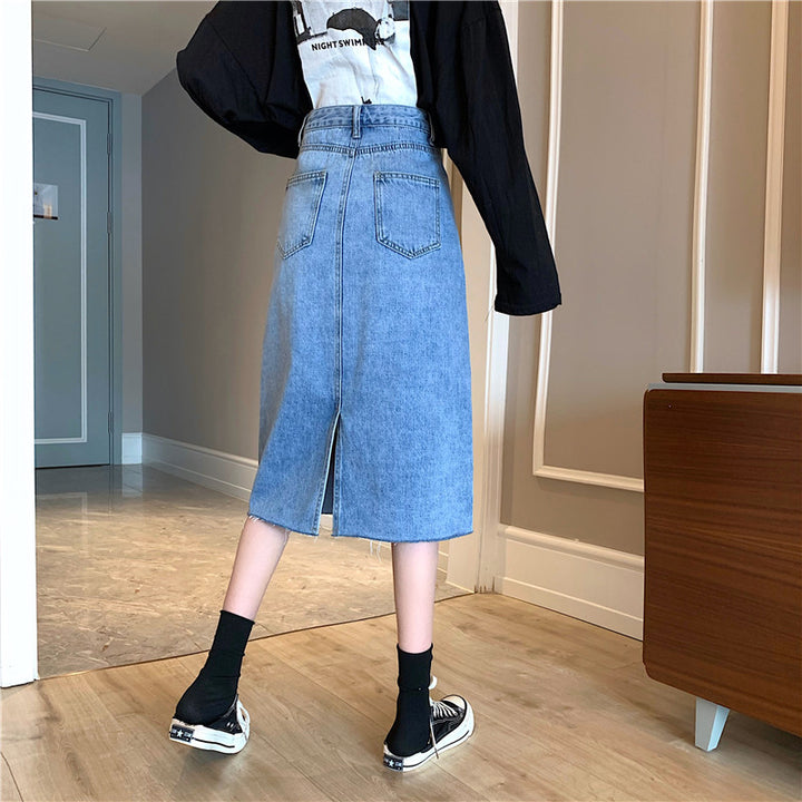 Damer Midi Denim Kjol med Oregelbunden Kants Mirla-Eva Jonsson