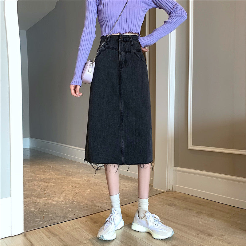 Damer Midi Denim Kjol med Oregelbunden Kants Mirla-Eva Jonsson