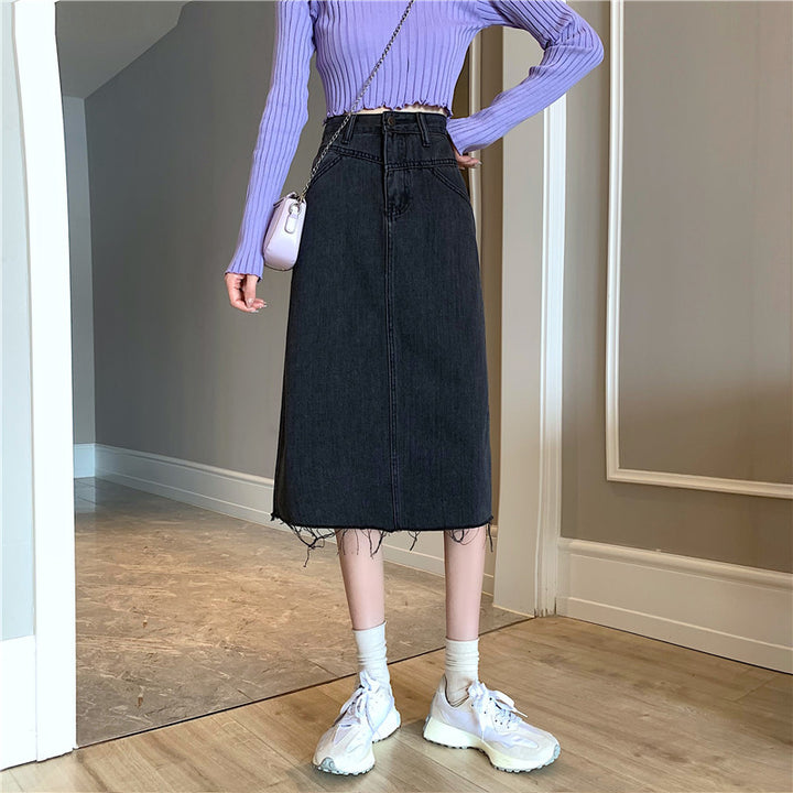 Damer Midi Denim Kjol med Oregelbunden Kants Mirla-Eva Jonsson