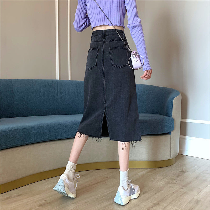Damer Midi Denim Kjol med Oregelbunden Kants Mirla-Eva Jonsson