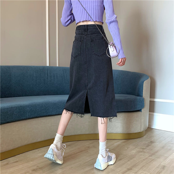 Damer Midi Denim Kjol med Oregelbunden Kants Mirla-Eva Jonsson