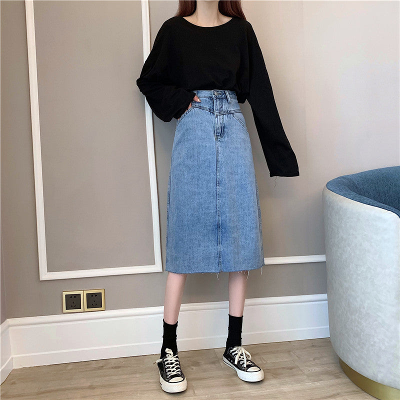 Damer Midi Denim Kjol med Oregelbunden Kants Mirla-Eva Jonsson