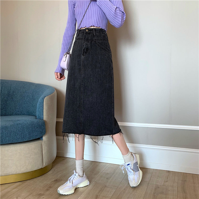 Damer Midi Denim Kjol med Oregelbunden Kants Mirla-Eva Jonsson