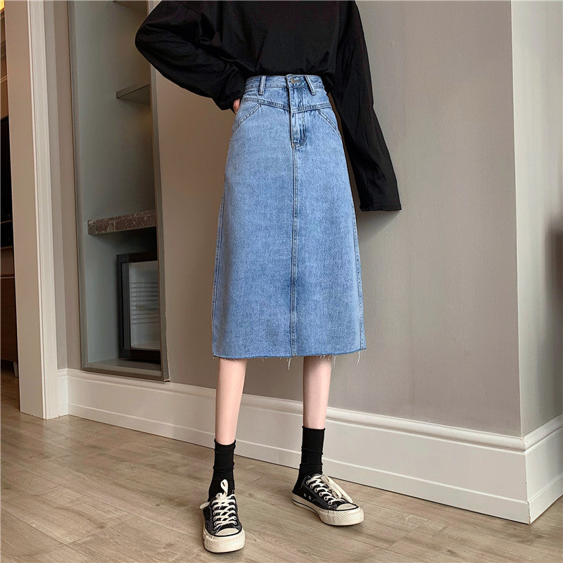 Damer Midi Denim Kjol med Oregelbunden Kants Mirla-Eva Jonsson