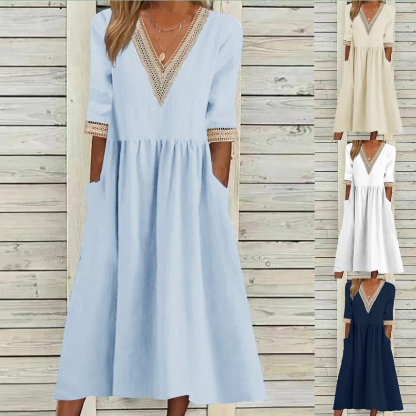 Damer Midi Klänning med V-ringning och Spetsdetaljer Eva Jonsson-Eva Jonsson