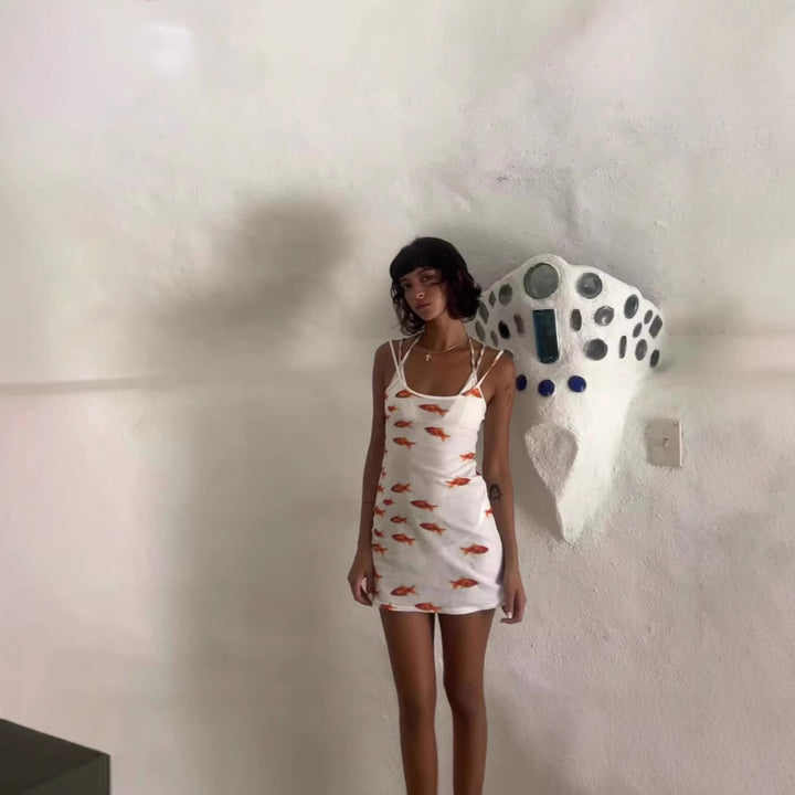 Damer Miniklänning med lekfullt fiskmotiv och tunna axelband Eva Jonsson-Eva Jonsson