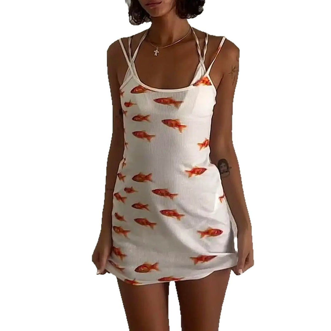 Damer Miniklänning med lekfullt fiskmotiv och tunna axelband Eva Jonsson-Eva Jonsson