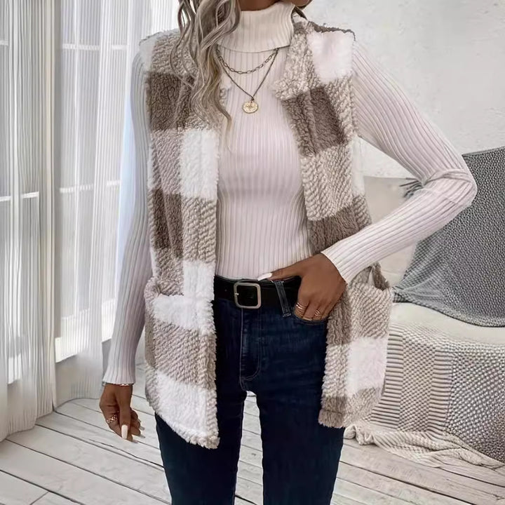 Damer Mjuk Rutig Väst med Sidofickor och Bekväm Passform Mirla-Eva Jonsson