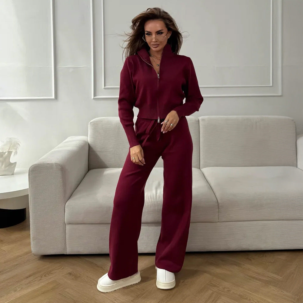 Damer Mode Stickad Ensemble med Dragkedja Krage och Lös Passform Mirla-Eva Jonsson