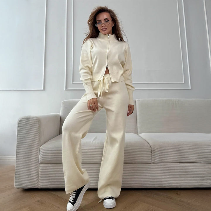 Damer Mode Stickad Ensemble med Dragkedja Krage och Lös Passform Mirla-Eva Jonsson