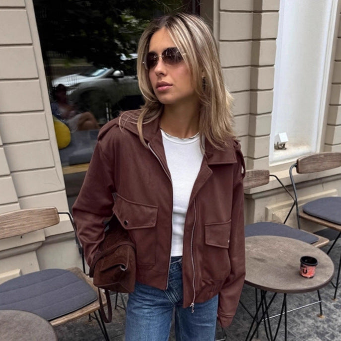 Damer Mode Suede Bomberjacka med praktiska fickor och dragkedja Mirla-Eva Jonsson