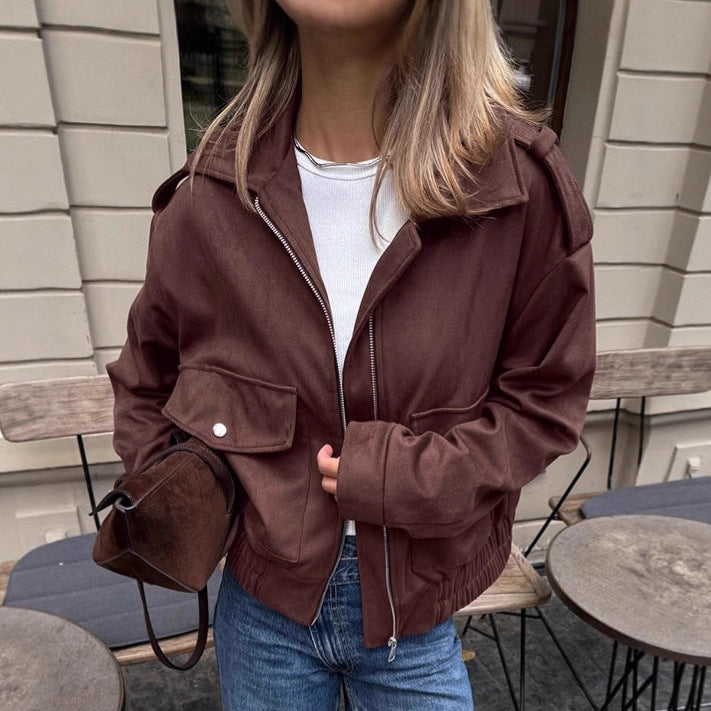 Damer Mode Suede Bomberjacka med praktiska fickor och dragkedja Mirla-Eva Jonsson