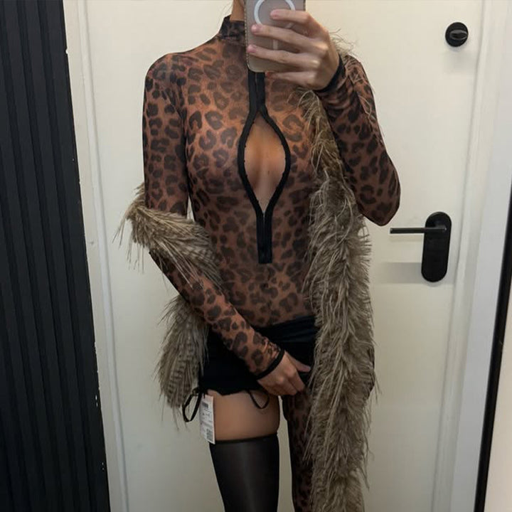 Damer Modebody med djup V-ringning och leopardsmönster Mirla-Eva Jonsson