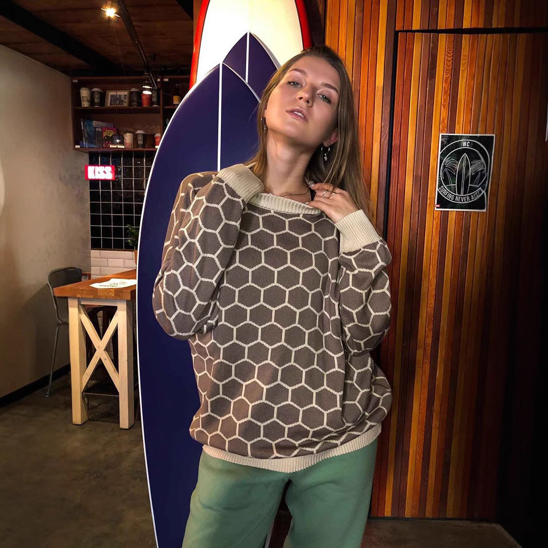 Damer Moderiktig stickad tröja med honungskaka-mönster Mirla-Eva Jonsson