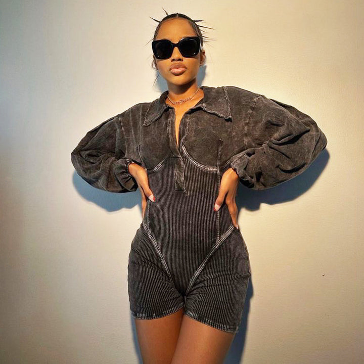 Damer Moderiktigt Jumpsuit med Puffärmar och Ribbad Struktur Mirla-Eva Jonsson