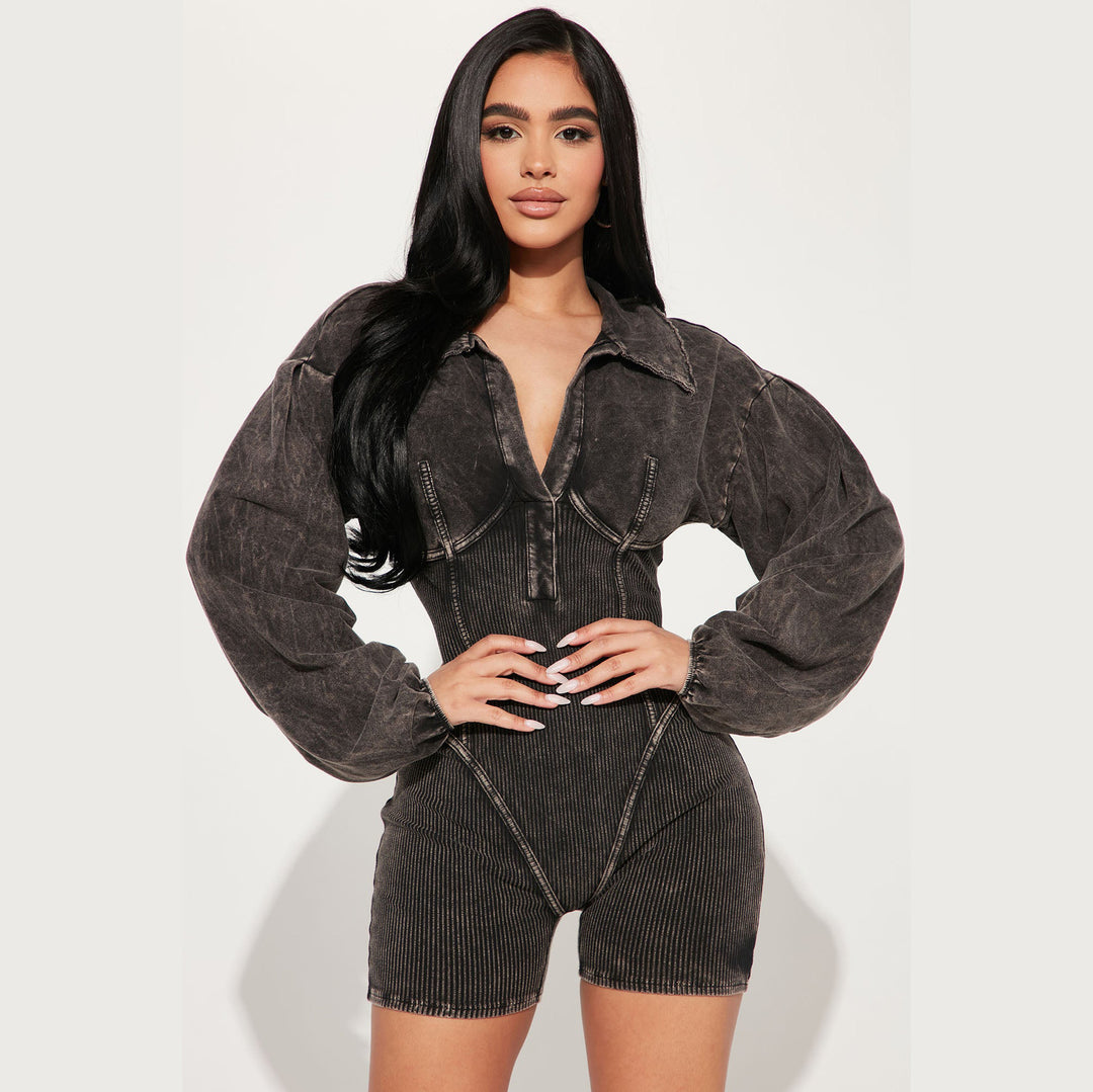 Damer Moderiktigt Jumpsuit med Puffärmar och Ribbad Struktur Mirla-Eva Jonsson