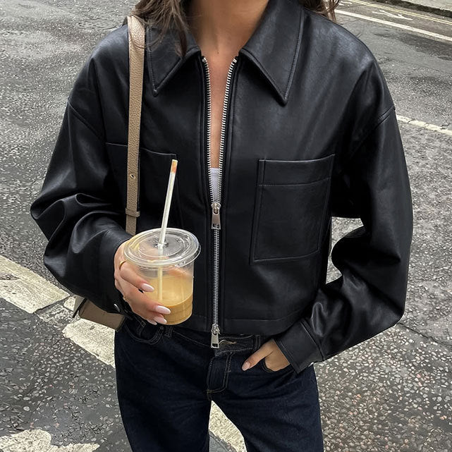 Damer Modetrend Croppad Konstläderjacka med dragkedja och fickor Mirla-Eva Jonsson