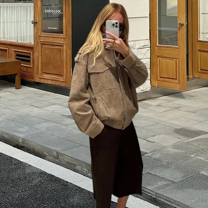 Damer Modisch Oversized-Suedejacka med praktiska fickor och hög krage Mirla-Eva Jonsson