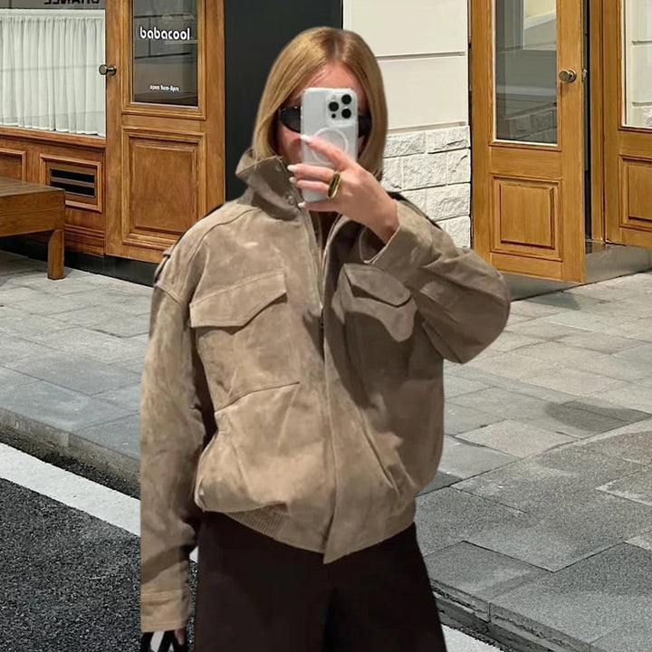 Damer Modisch Oversized-Suedejacka med praktiska fickor och hög krage Mirla-Eva Jonsson