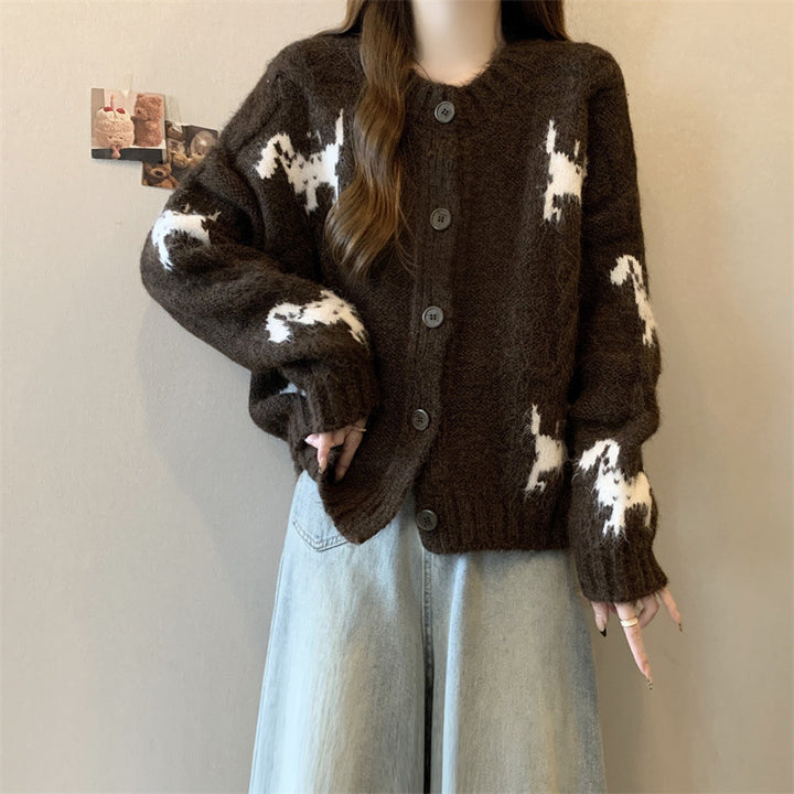 Damer Mönstrad Stickad Cardigan med Djurmönster och Bekväma Oversized Passformer Mirla-Eva Jonsson