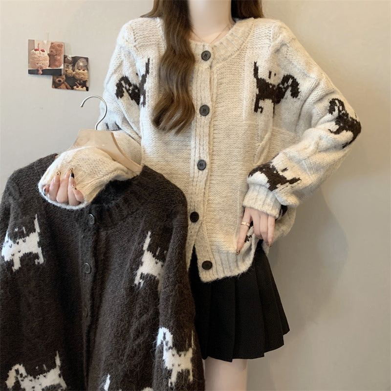 Damer Mönstrad Stickad Cardigan med Djurmönster och Bekväma Oversized Passformer Mirla-Eva Jonsson