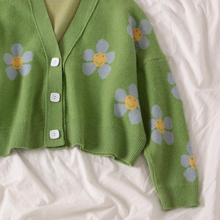 Damer Mönstrad stickad cardigan med blommigt mönster och avslappnad passform Eva Jonsson-Eva Jonsson