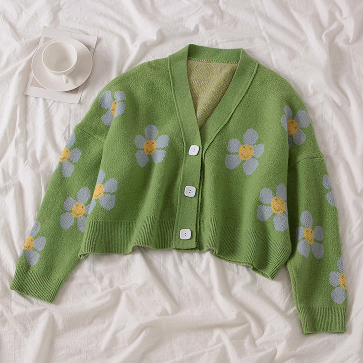 Damer Mönstrad stickad cardigan med blommigt mönster och avslappnad passform Eva Jonsson-Eva Jonsson