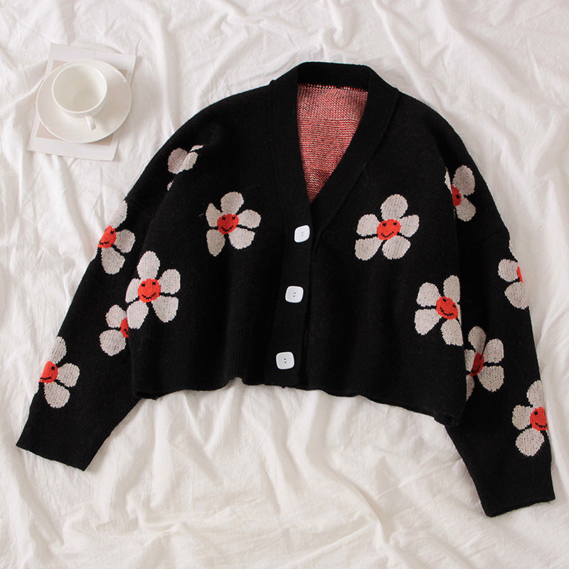 Damer Mönstrad stickad cardigan med blommigt mönster och avslappnad passform Eva Jonsson-Eva Jonsson