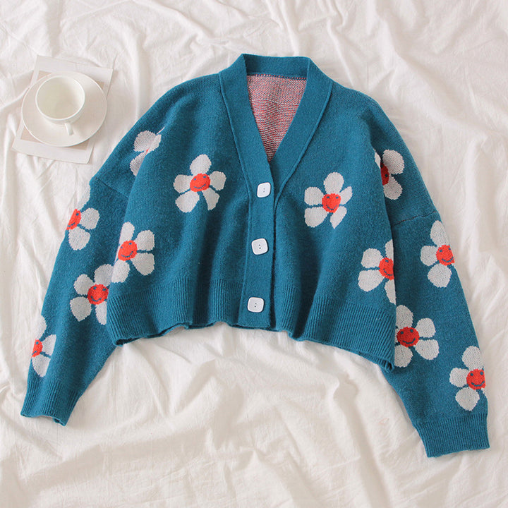 Damer Mönstrad stickad cardigan med blommigt mönster och avslappnad passform Eva Jonsson-Eva Jonsson