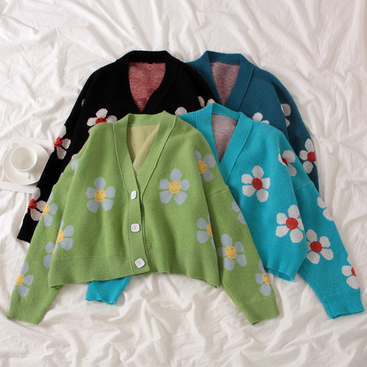 Damer Mönstrad stickad cardigan med blommigt mönster och avslappnad passform Eva Jonsson-Eva Jonsson