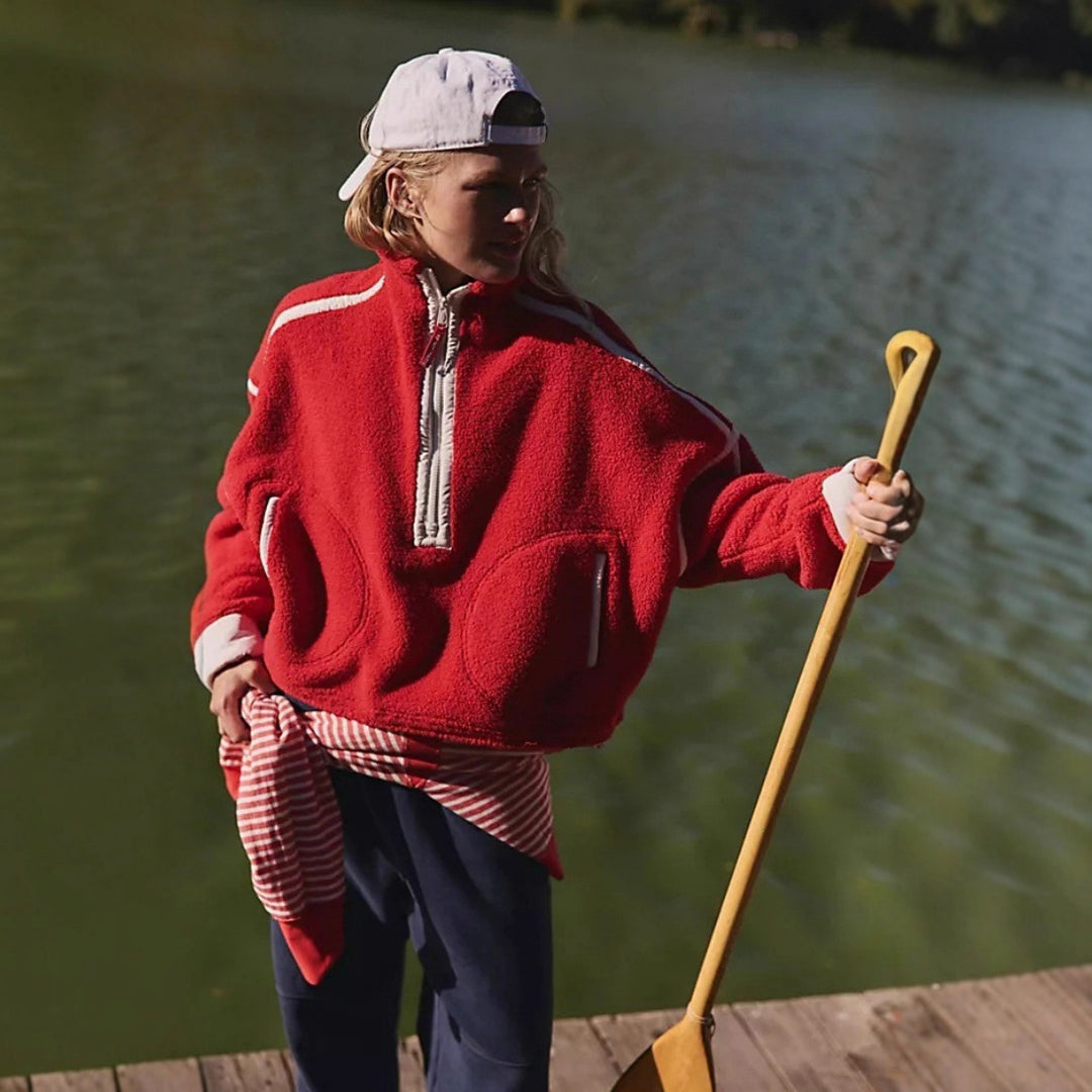 Damer Mysig Fleece-Hoodie med halv dragkedja och sidoinlägg Mirla-Eva Jonsson
