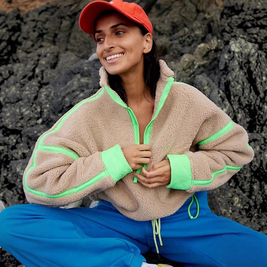 Damer Mysig Fleece-Hoodie med halv dragkedja och sidoinlägg Mirla-Eva Jonsson